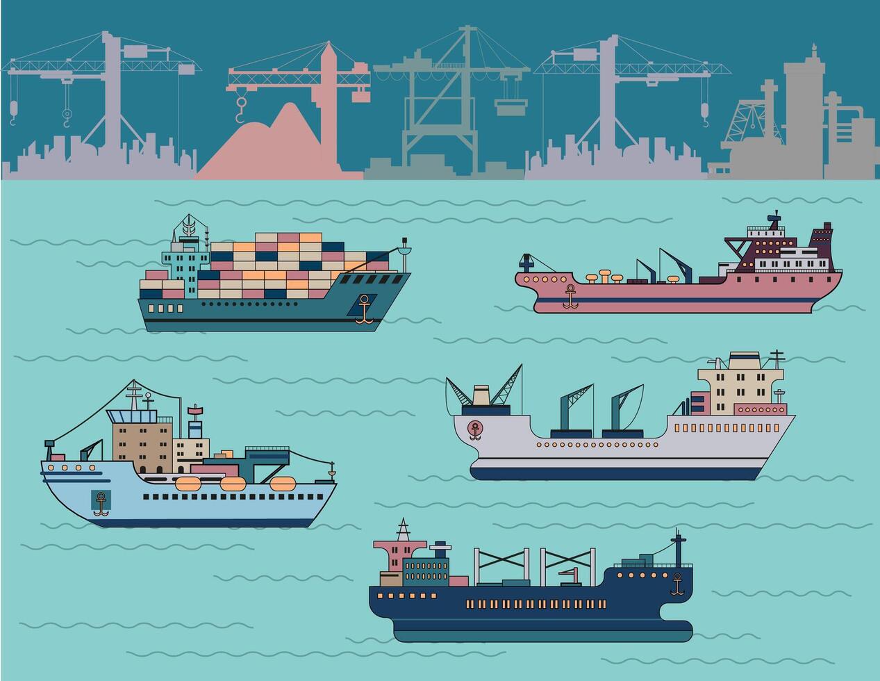 Design set with modern commercial ships - icebreaker, containership, bulker, tanker against background of sea and silhouettes of port cranes. Trade, business, import, export, logistics. vector