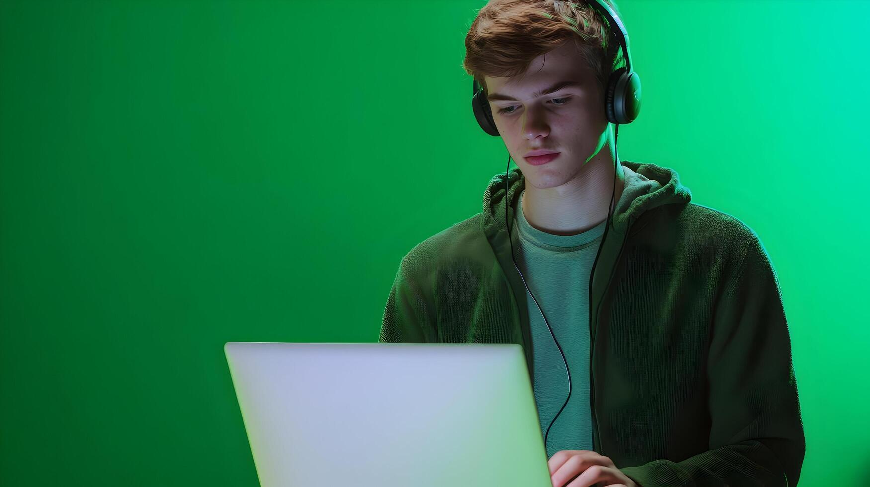 Portrait of a Focused Young Male Student Deeply Immersed in Academic Research,Using a Laptop and Headphones on a Green Screen Background. photo