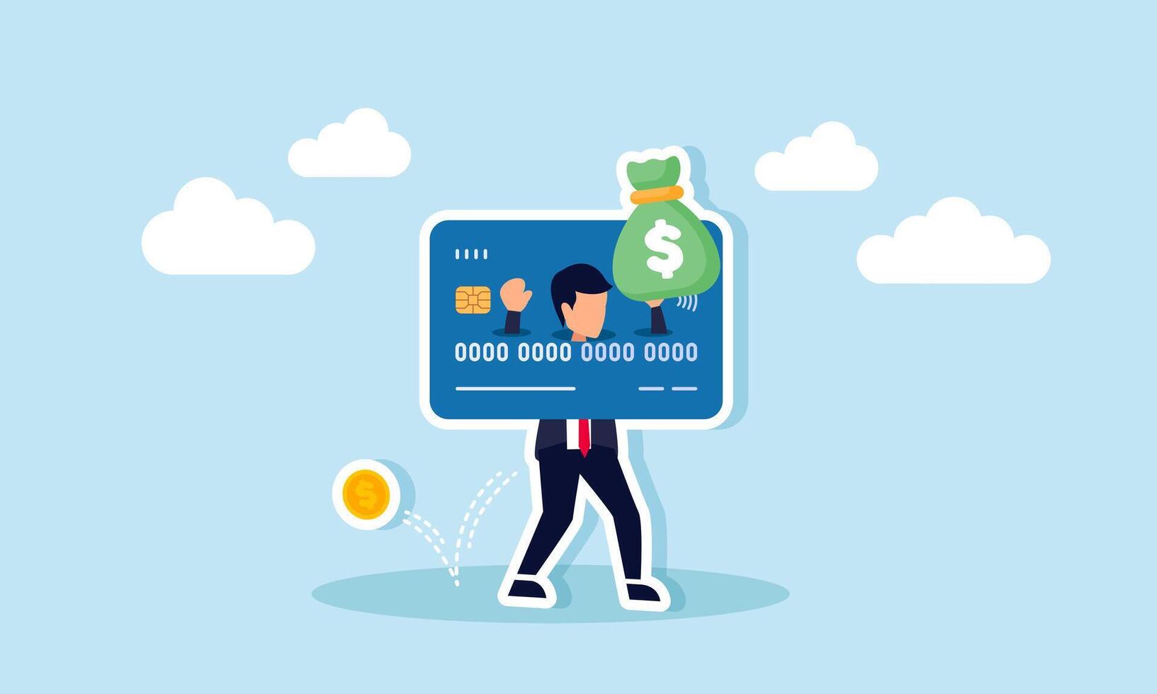 A businessman carries a sack of money stuck on a debit or credit card with dollar coins falling from his pocket, illustration of financial assets seized and reduced due to debt burden vector