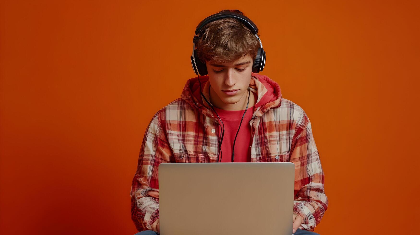Portrait of a Concentrated Young Male Student Engaged in Academic Research,Using Laptop and Headphones on a Colorful Background photo