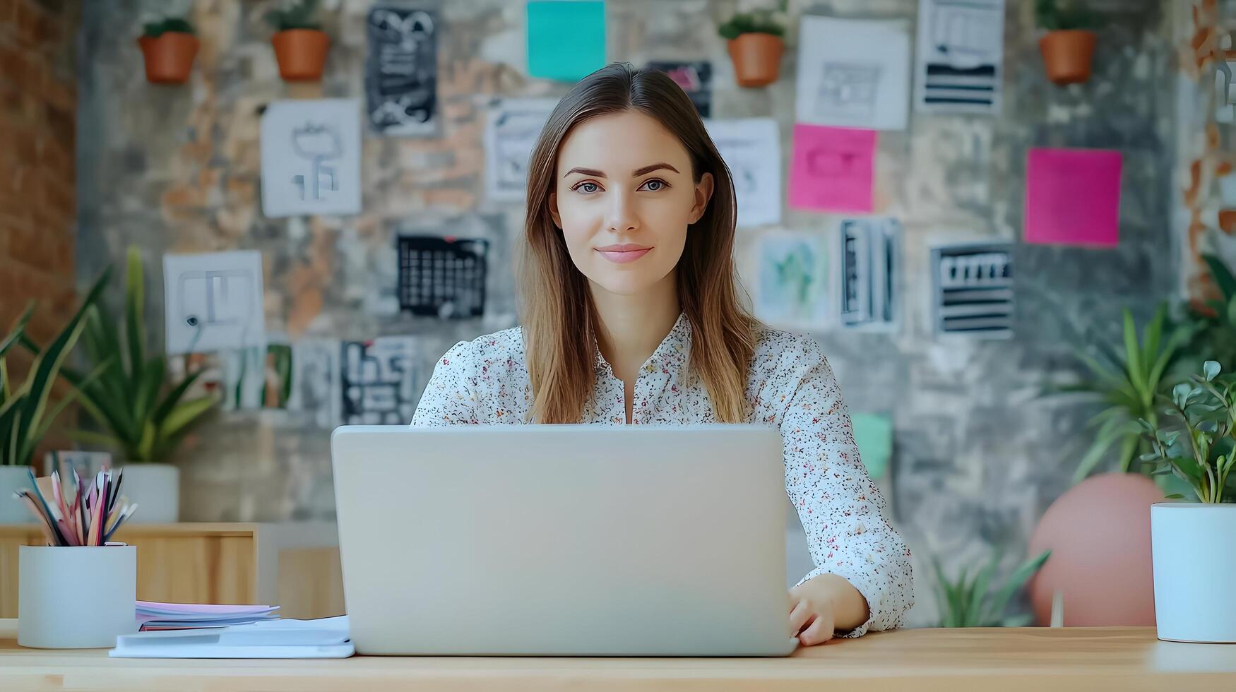 Portrait of a young,stylish Caucasian female manager sitting at her desk and using a laptop computer in a modern,colorful office environment. photo