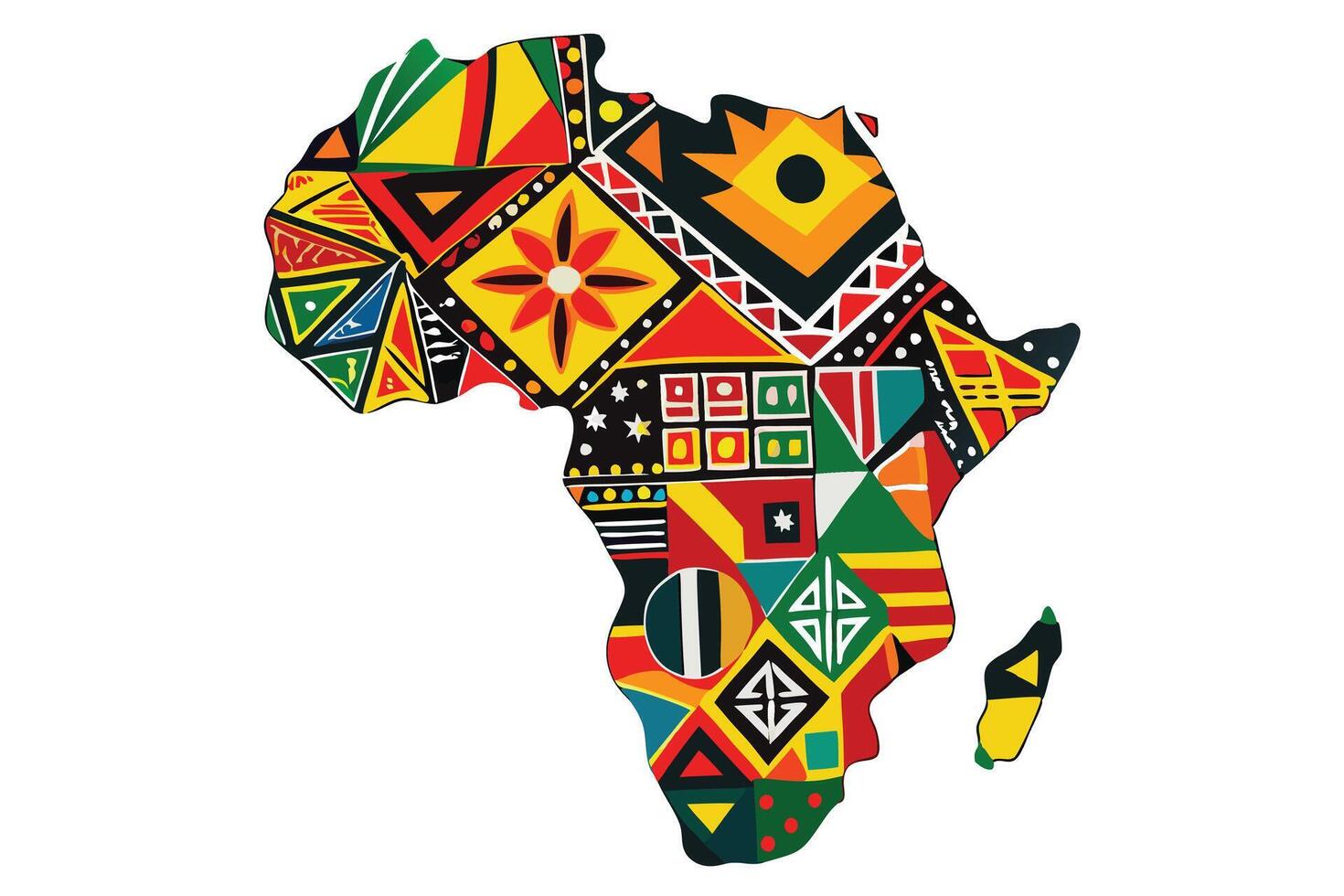 Vibrant silhouette of Africa filled with a colorful geometric mosaic pattern inspired by traditional African designs, Black History Month vector