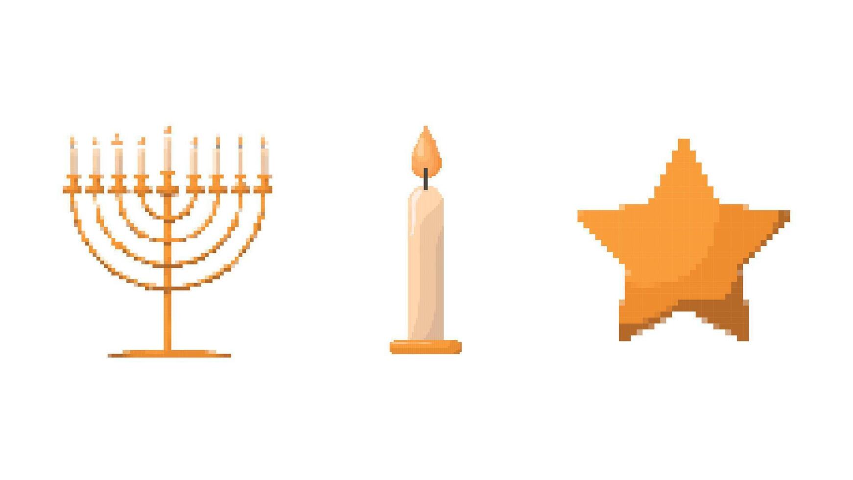 Pixel set of candle, star and candlestick.Design elements isolated on white background.Game development, mobile app.8-bit sprite. vector