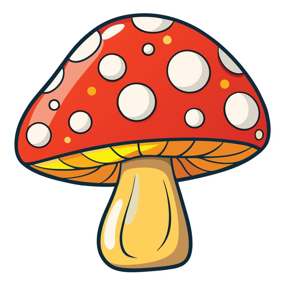 Whimsical mushroom illustration with a red spotted cap, vibrant colors, and charming design, great for kids content and creative projects vector
