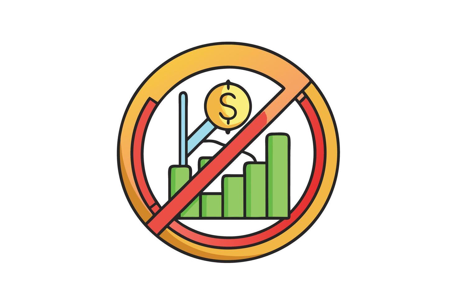 Prohibition sign over financial bar charts and dollar symbol, representing no earnings or restricted income in colorful style vector