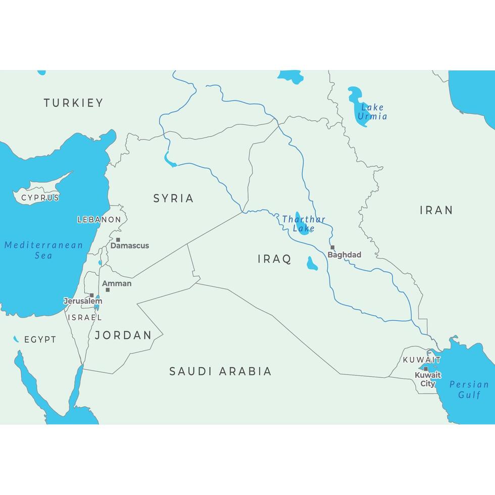 Western Asia map highlighting countries, borders, and key regions of the area vector