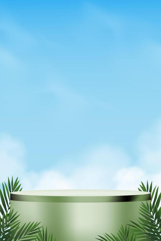 Sky Blue,Cloud Background on Green Podium and Palm leaves for Cosmetic Skincare Product Presentation.Minimalist background 3d Abstract Step Display Nature Cloudy Sky for Summer Beauty Backdrop Design vector