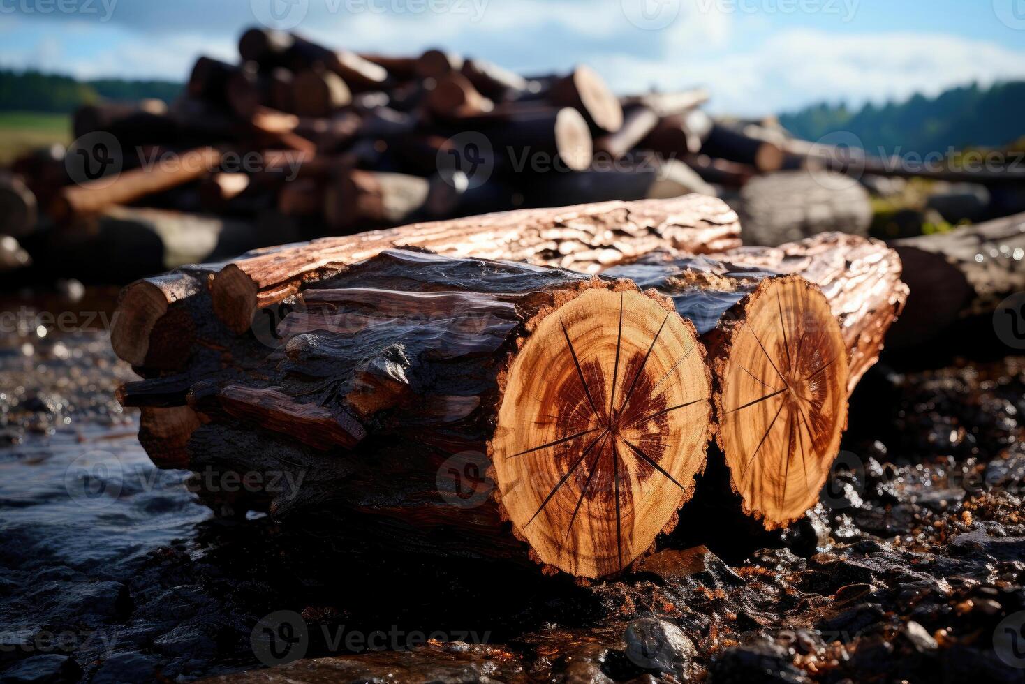 Felled tree logs. Deforestation environmental problem photo
