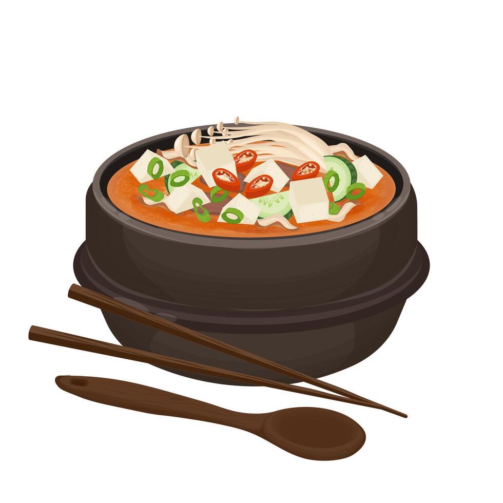 Illustration Logo Clipart Delicious Doenjang Jjigae Korean Silken Tofu Soup on a Ttukbaegi vector