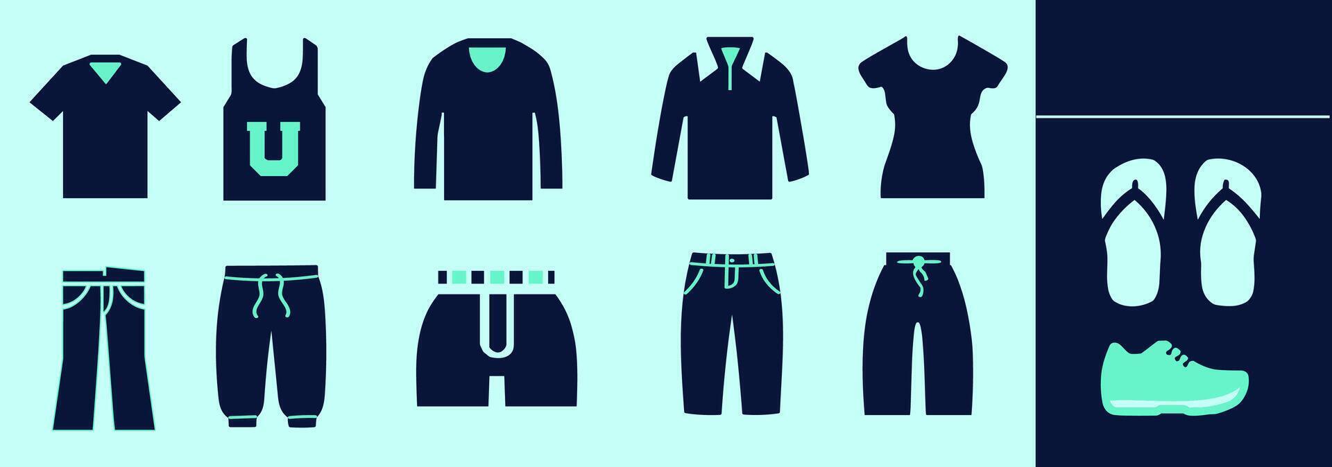 Fashion SOLID icon set for logo and digital work. Fashion silhouettes of clothing, t-shirt, trousers, shorts, jeans, long sleeved, sweatshirt, tank-top, flip-flops. Editable elements, size and color. vector