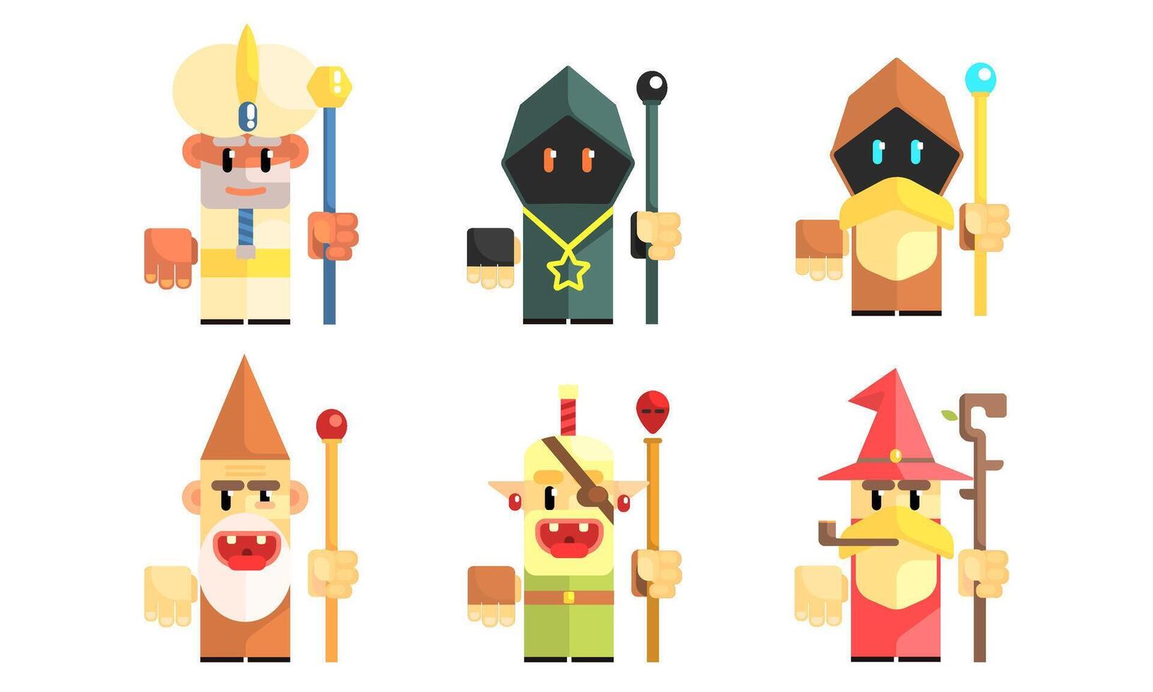 Cnomes Dwarves with Magical Staves Set, Fairy Tale Design Elements, Fantasy Game Heroes Illustration vector