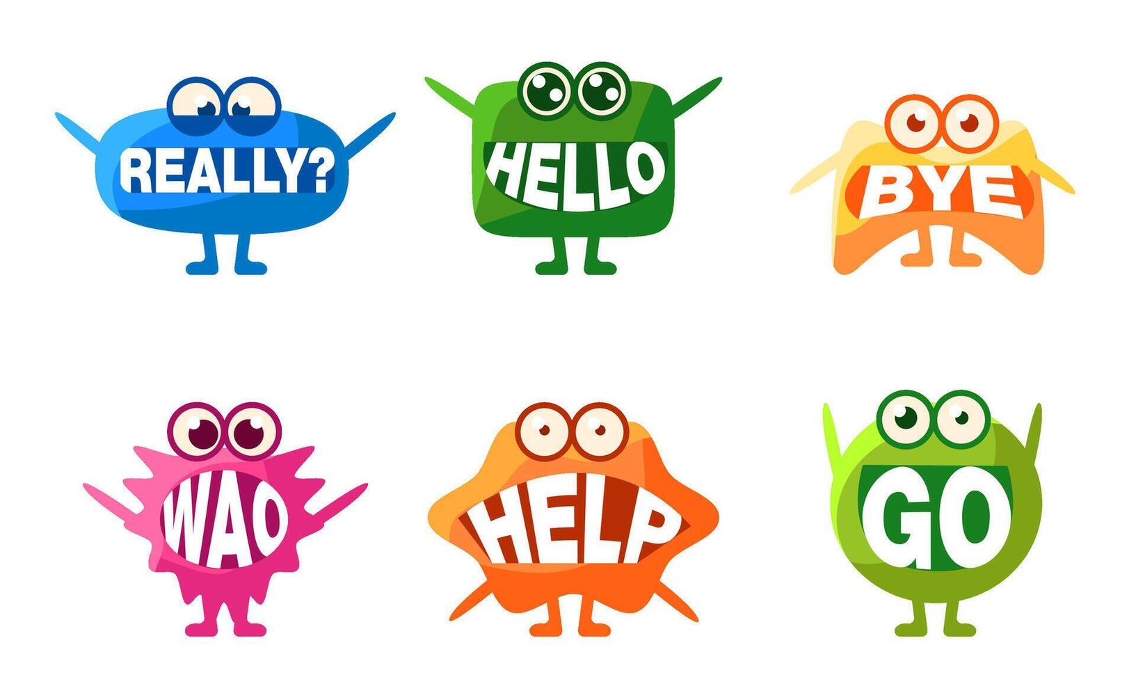Cute Monsters Characters Set, Colorful Emojis with Words In Their Mouths, Really, Hello, Bye, Wao, Help, Go Illustration vector
