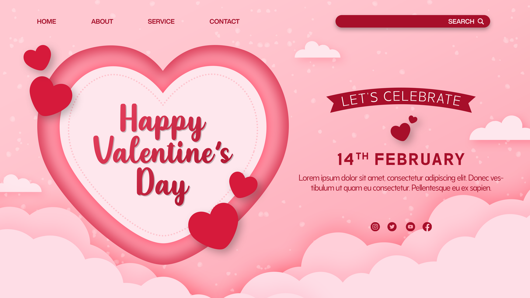 Valentines day template with realistic heart concept for landing page psd
