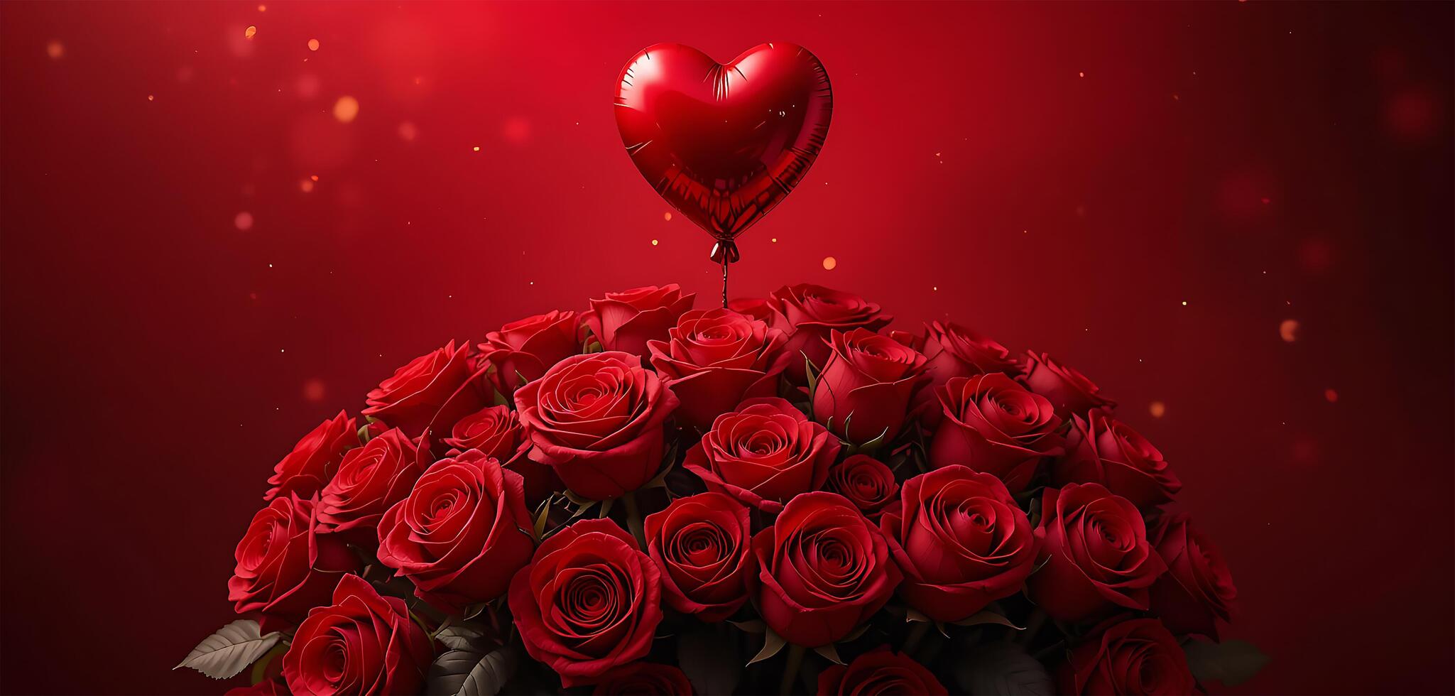 Red Roses Bouquet with Heart-Shaped Balloon and Festive Light Particles on a Gradient Red Background photo