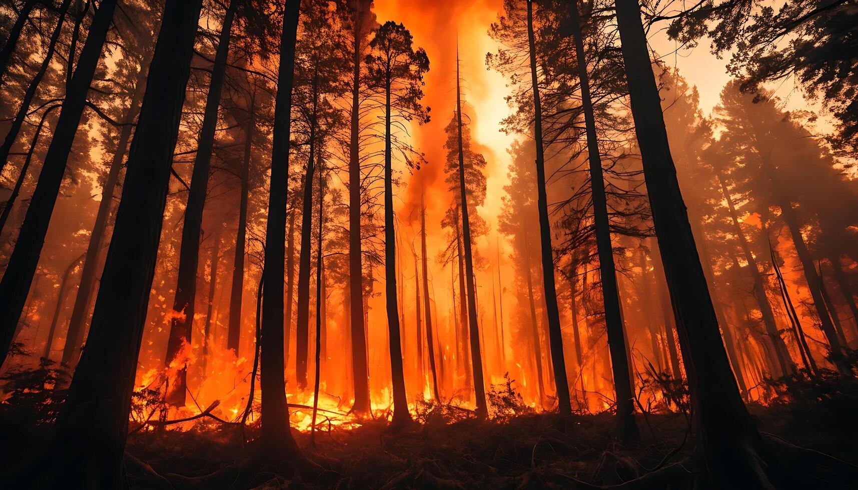 Devastating Wildfire, Tall Trees Engulfed in Intense Flames and Thick Smoke Spreading Rapidly Through the Forest photo