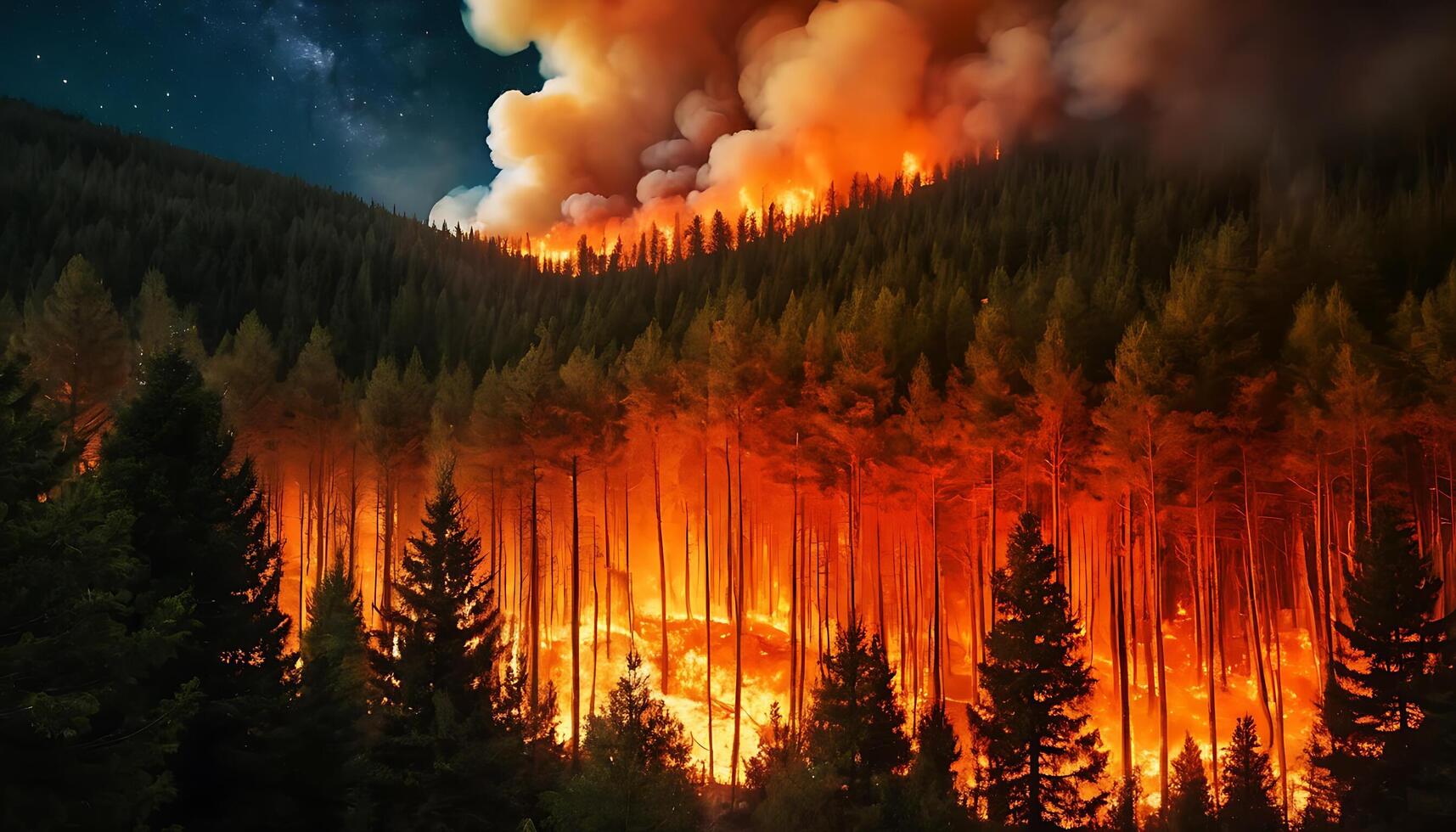 Devastating Wildfire with Tall Treesand Thick Sm Engulfed in Intense Flames oke Spreading Rapidly Through the Forest photo