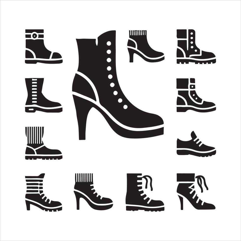 aislado alto cuello zapato icono , alto cuello zapato silueta,alta cuello zapato icono conjunto silueta en blanco antecedentes vector