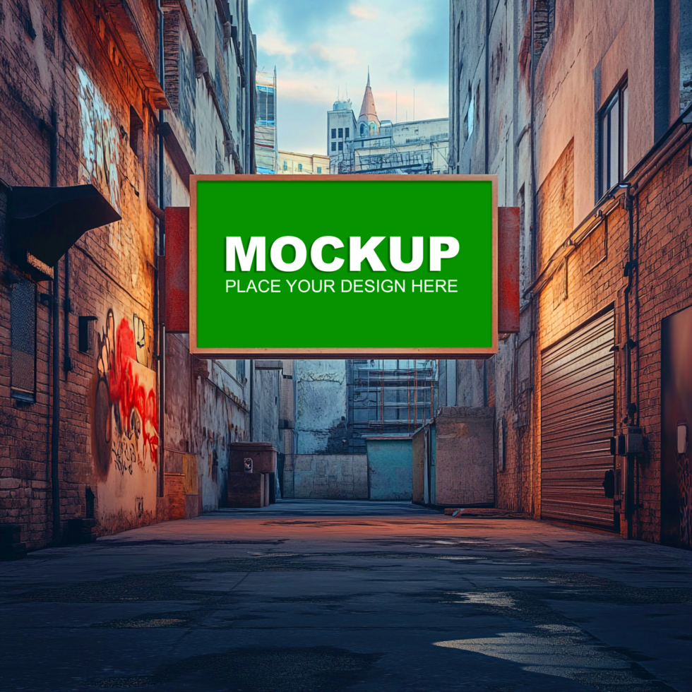 an alleyway with graffiti and a green sign mockup psd