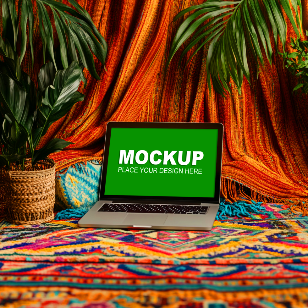 laptop mockup on a rug style psd