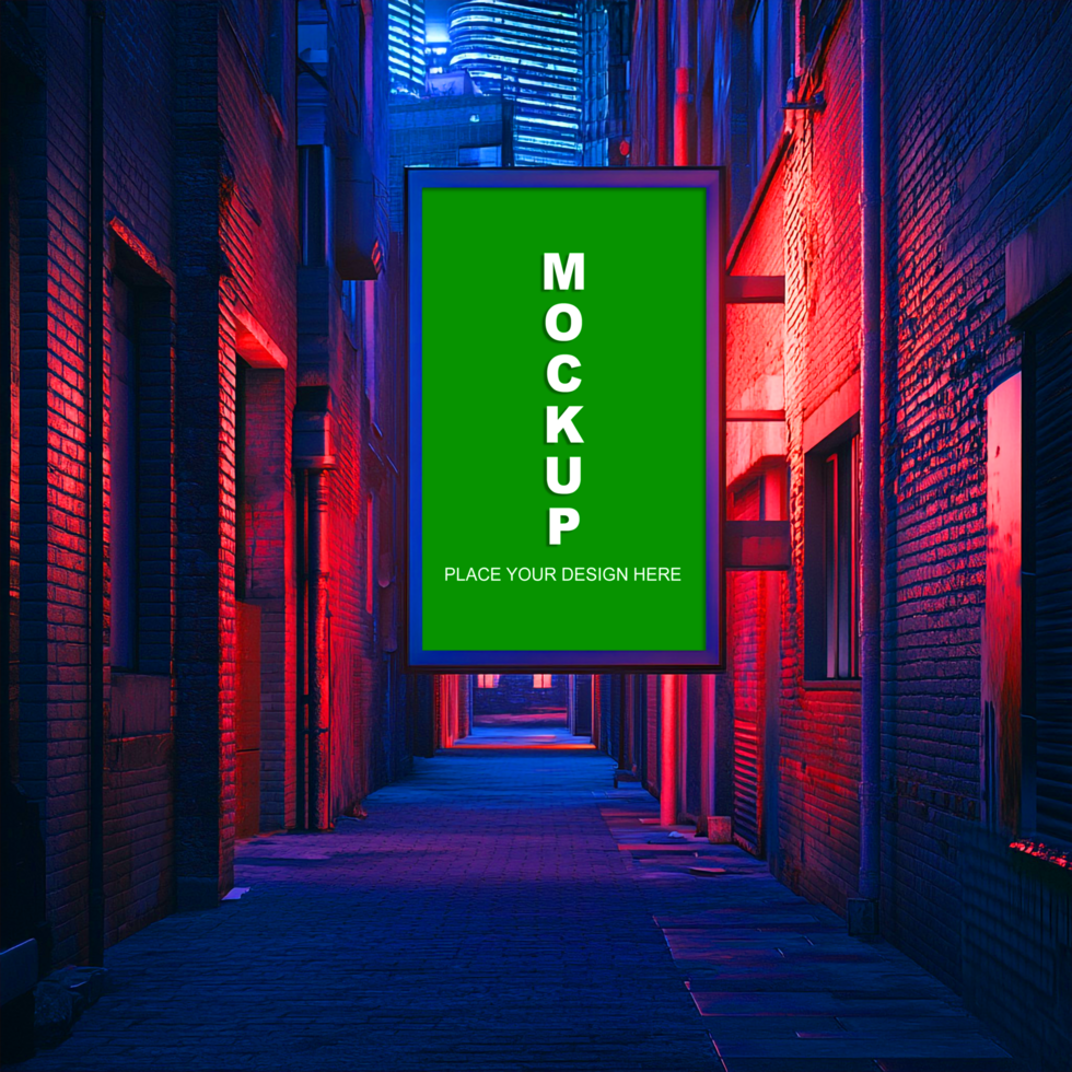 a green billboard on a street with neon lights psd