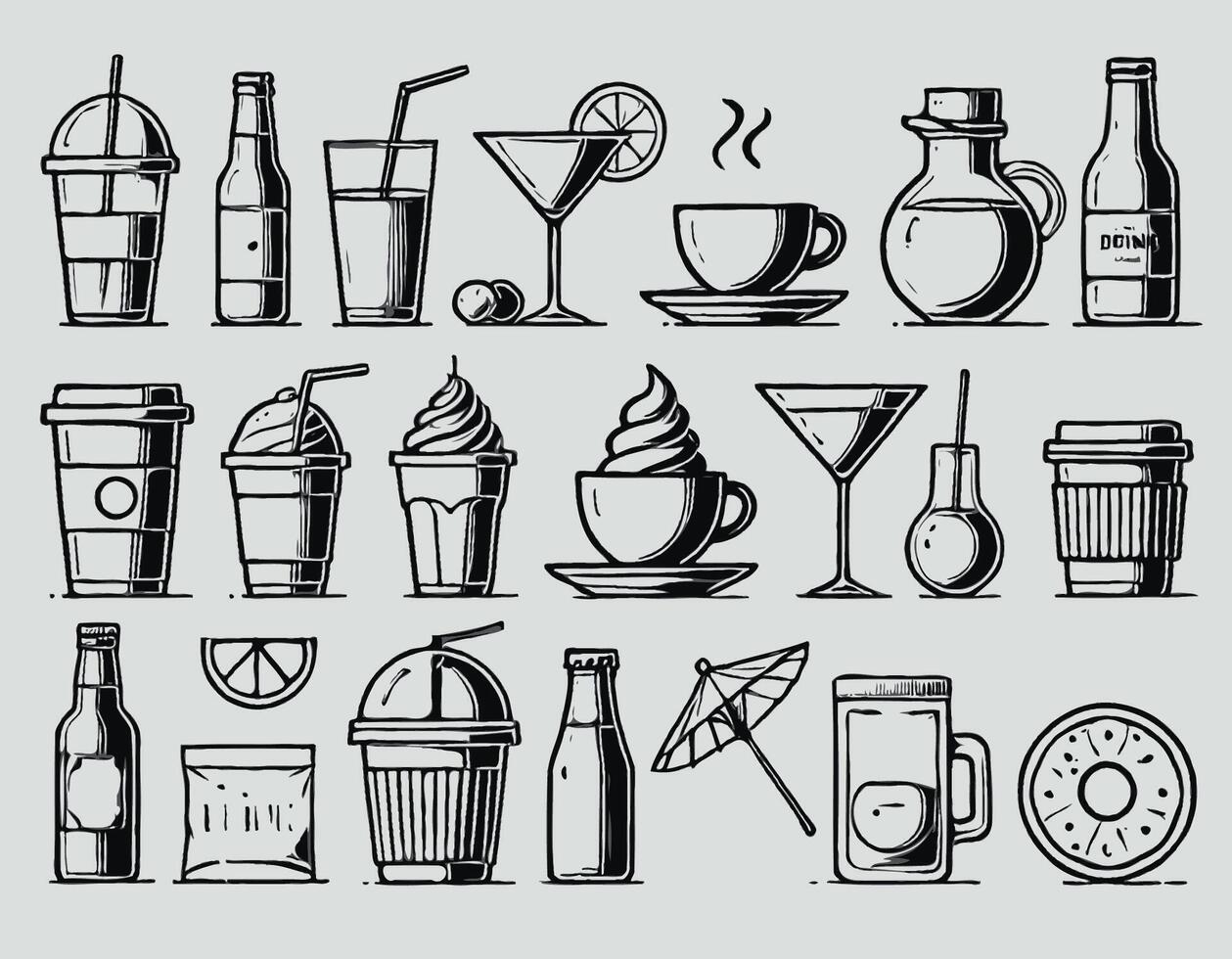 Set of hand drawn doodle drinks icons isolated. Set of bottles and glasses. Alcoholic drinks. Minimalist clear silhouettes of various items on a white background, drink theme, sharp lines. vector