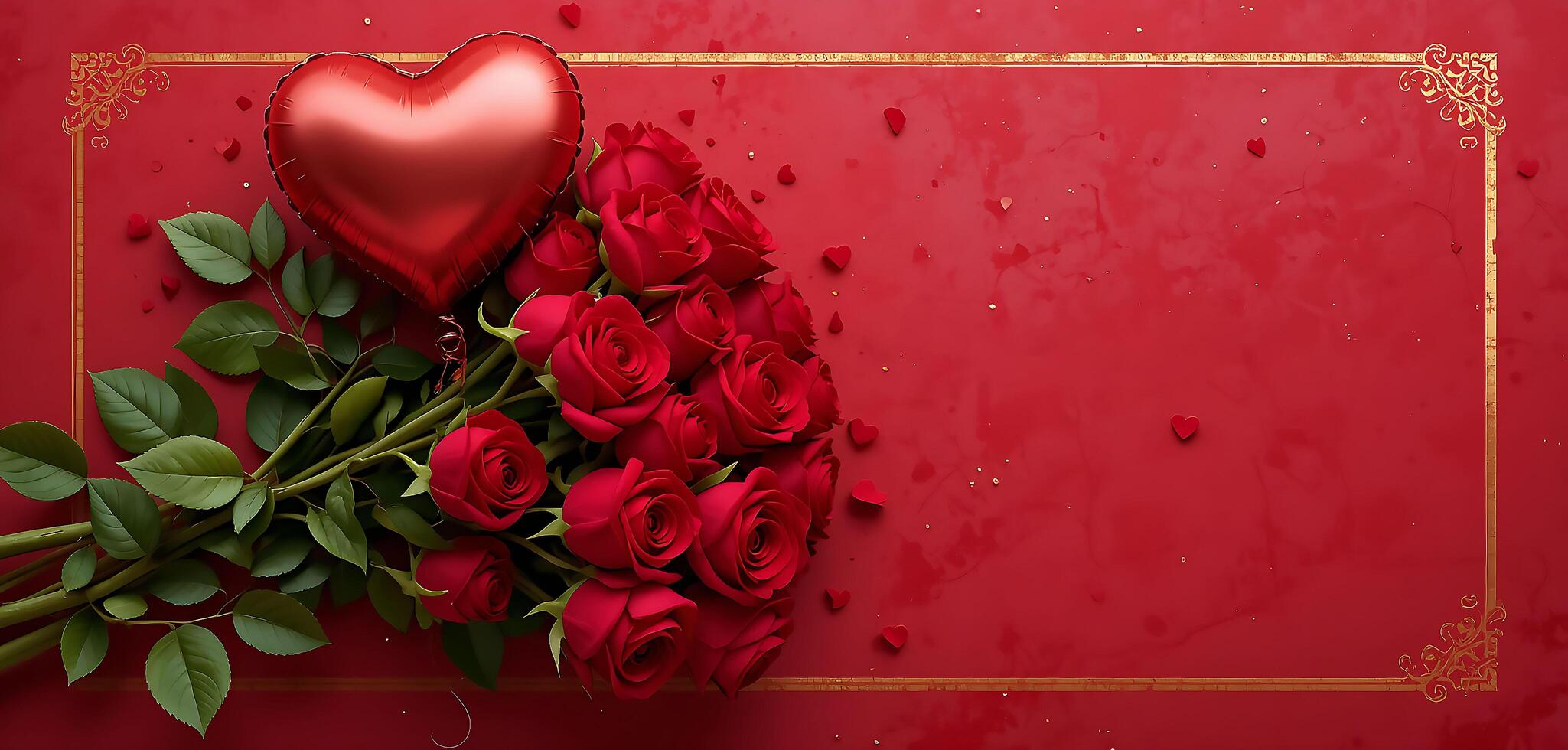 Romantic Gesture, Red Roses Bouquet with Heart-Shaped Balloon in an Elegant Gold Frame on a Red Confetti Background for Valentines's Day photo