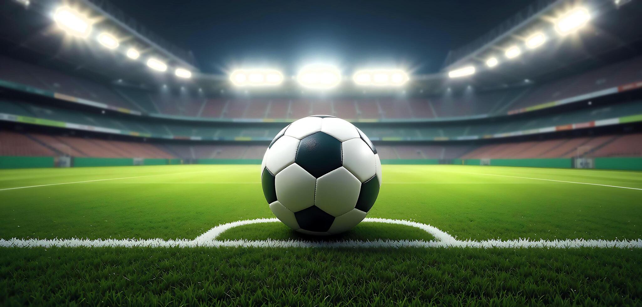 Close-Up of a Pristine Soccer Ball Positioned on a Well-Maintained Grass Pitch with White Boundary Lines and Stadium Floodlights Illuminating the Background photo