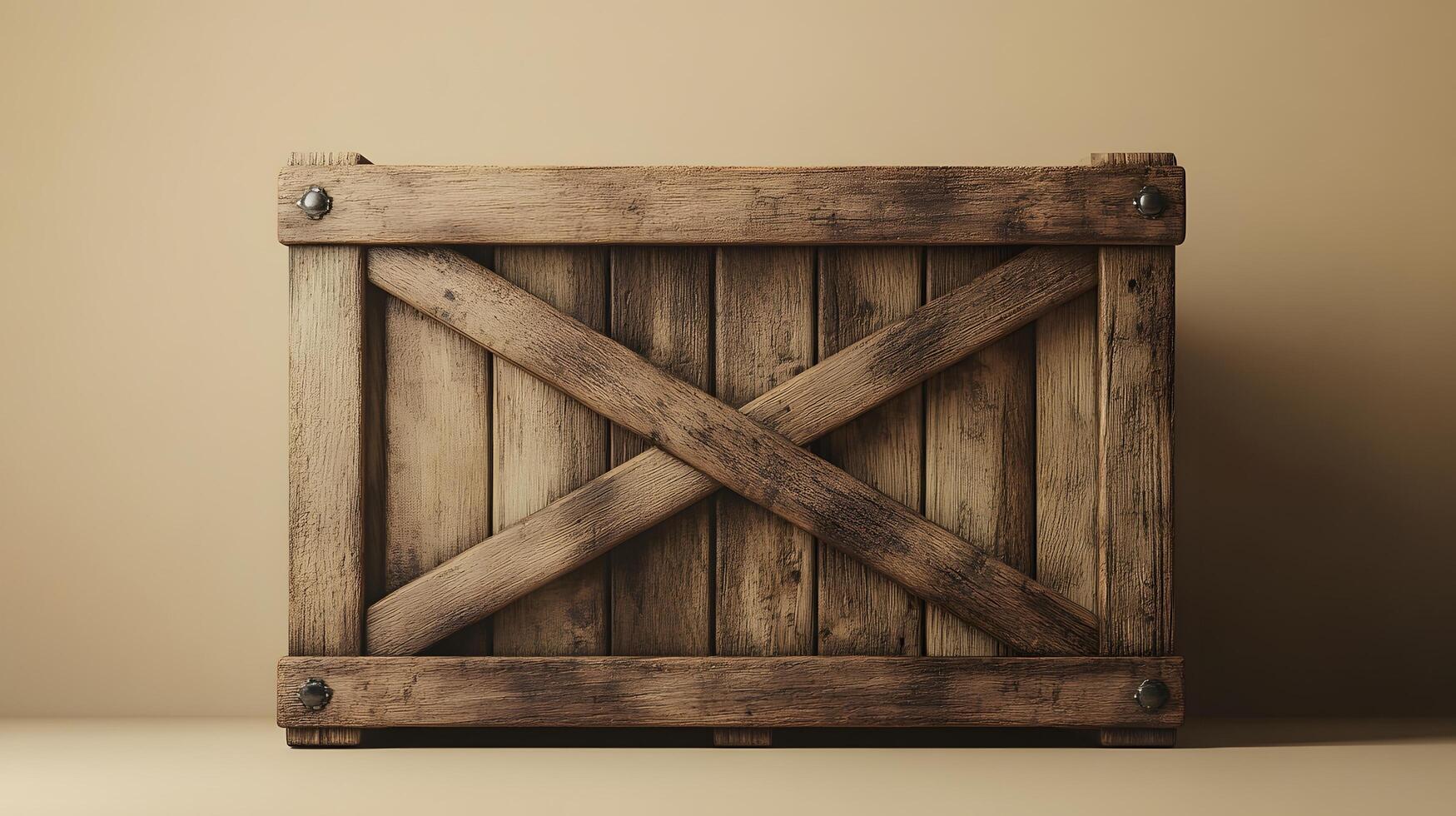 Studio photography of wooden crate box displaying detailed grain texture and cross-braced construction design, isolated on beige background with soft shadows. container photo