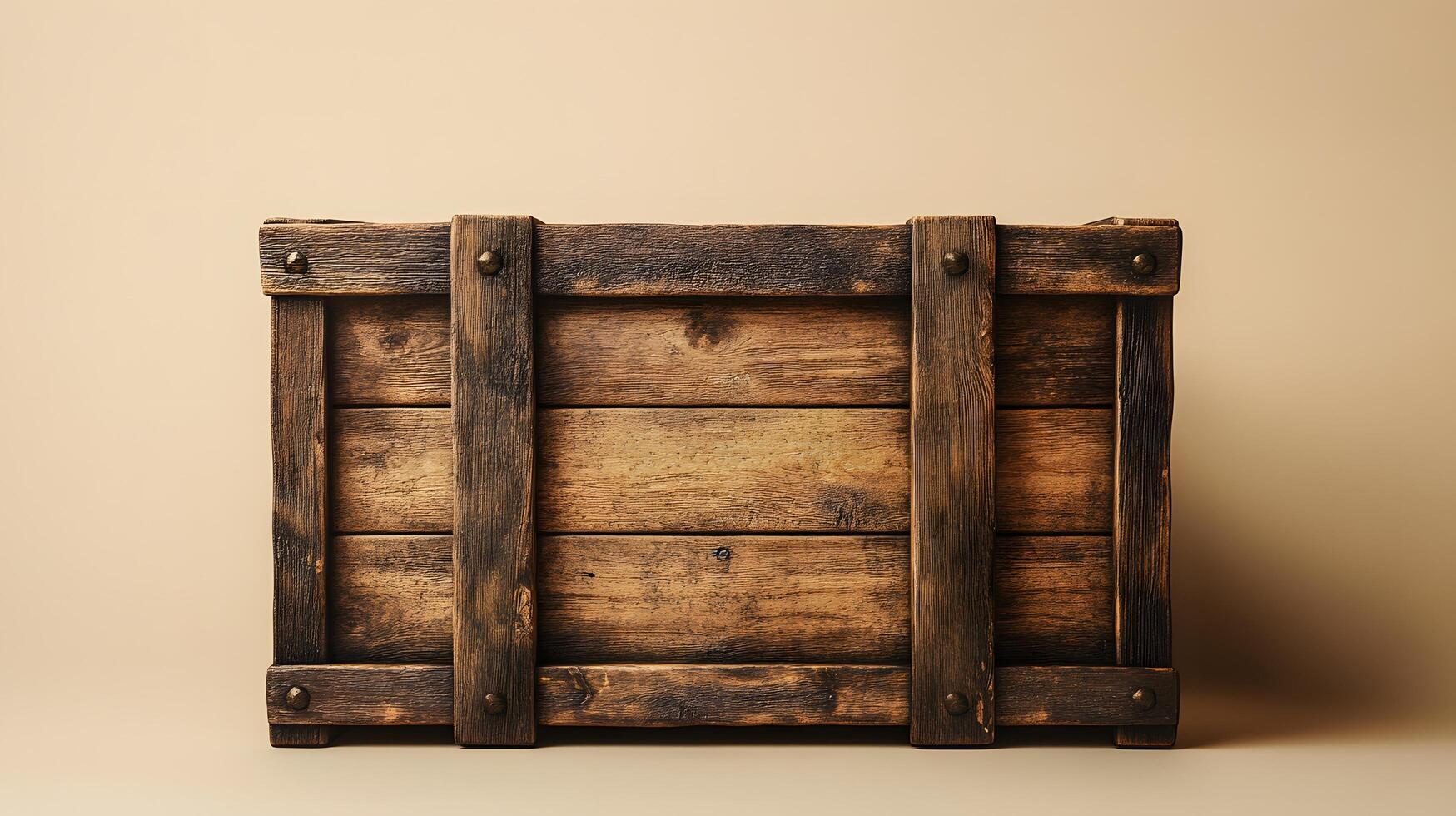 Studio photography of wooden crate box displaying detailed grain texture and cross-braced construction design, isolated on beige background with soft shadows. packaging photo