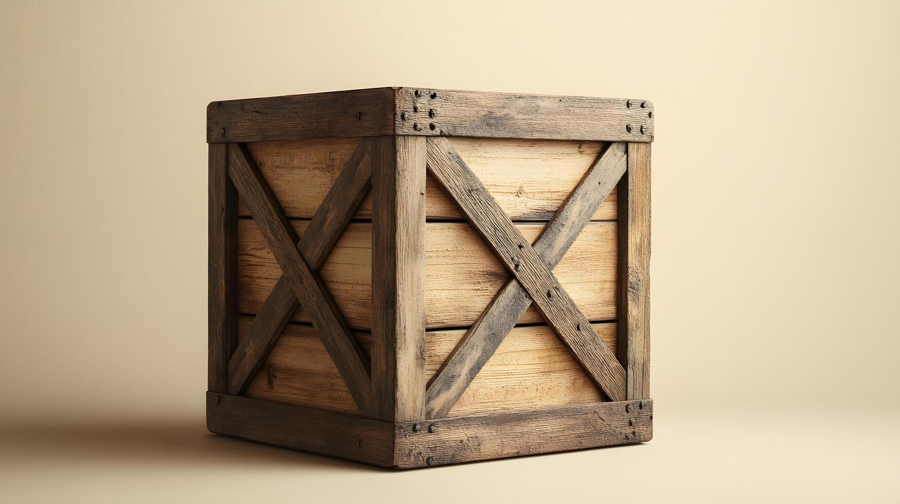 Studio photography of wooden crate box displaying detailed grain texture and cross-braced construction design, isolated on beige background with soft shadows. natural photo