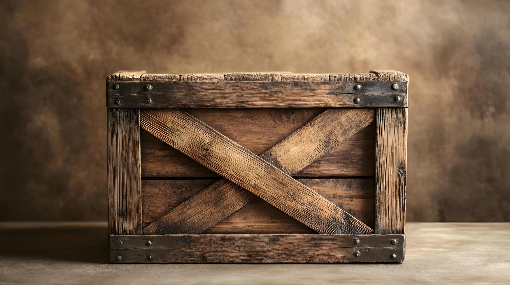 Studio photography of wooden crate box displaying detailed grain texture and cross-braced construction design, isolated on beige background with soft shadows. material photo