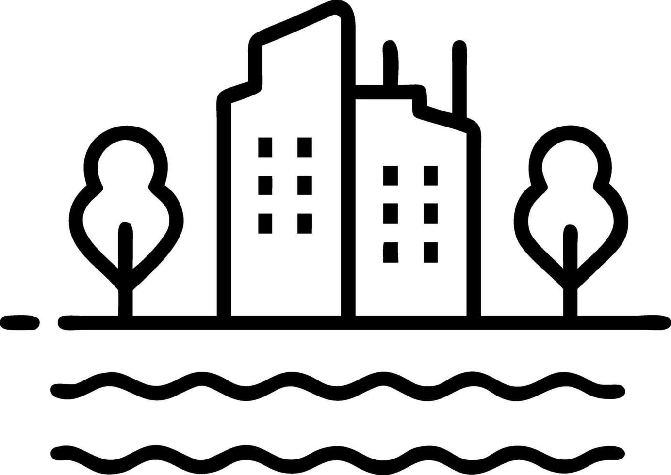City buildings with tree reflections in water with bokeh lights vector