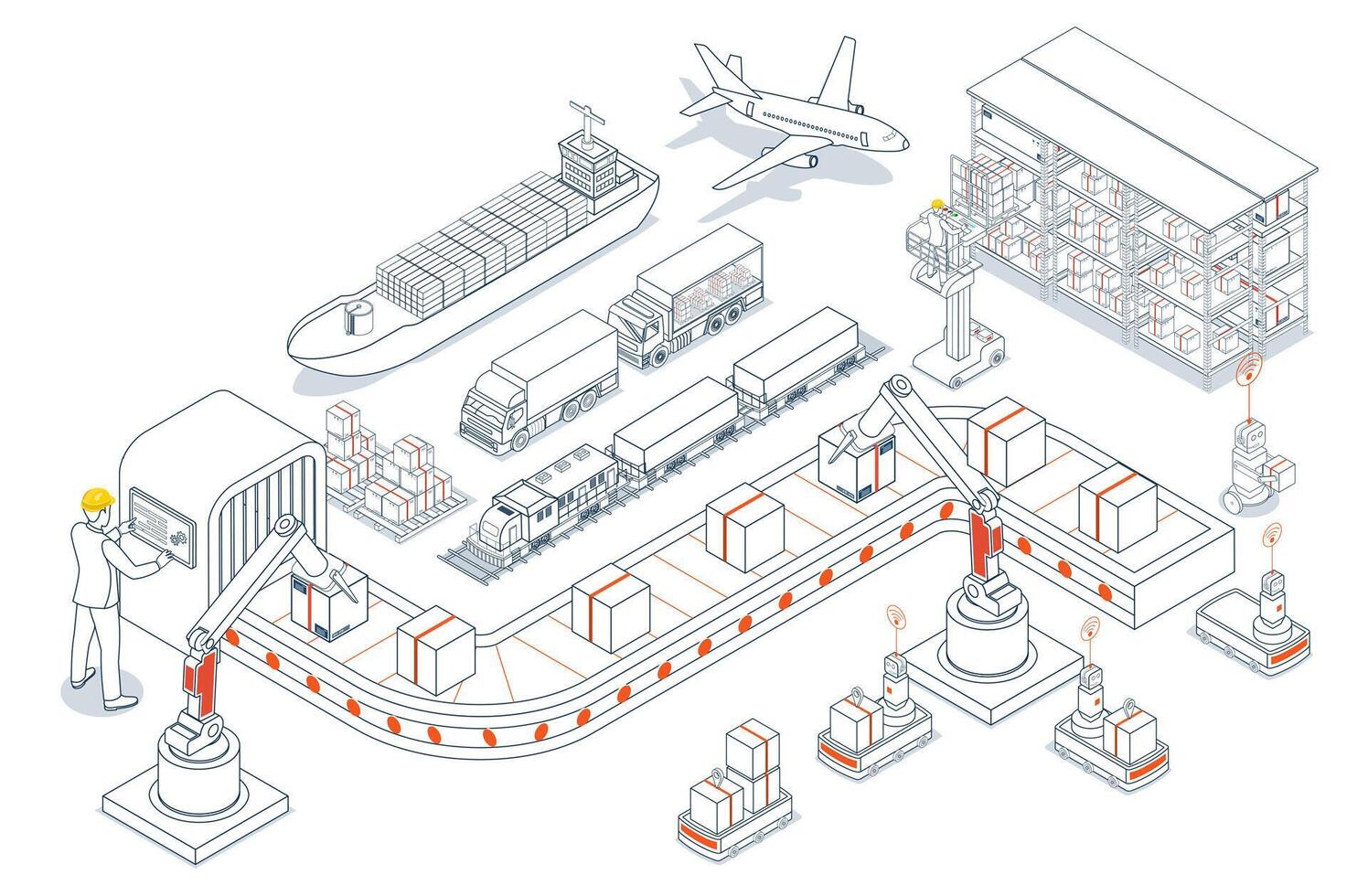 AGV Automated Guided Vehicles integrate into global logistics networks, streamlining transportation operations, supply chain management SCM, and company logistics processes worldwide. vector