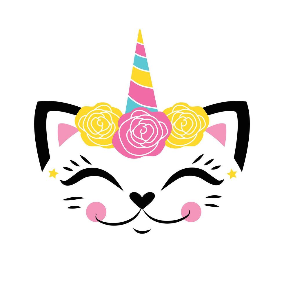 Cute unicorn Kitten head with heart crown. Little princess. children's illustration for printing on fabric and paper, T-shirts, postcards. vector