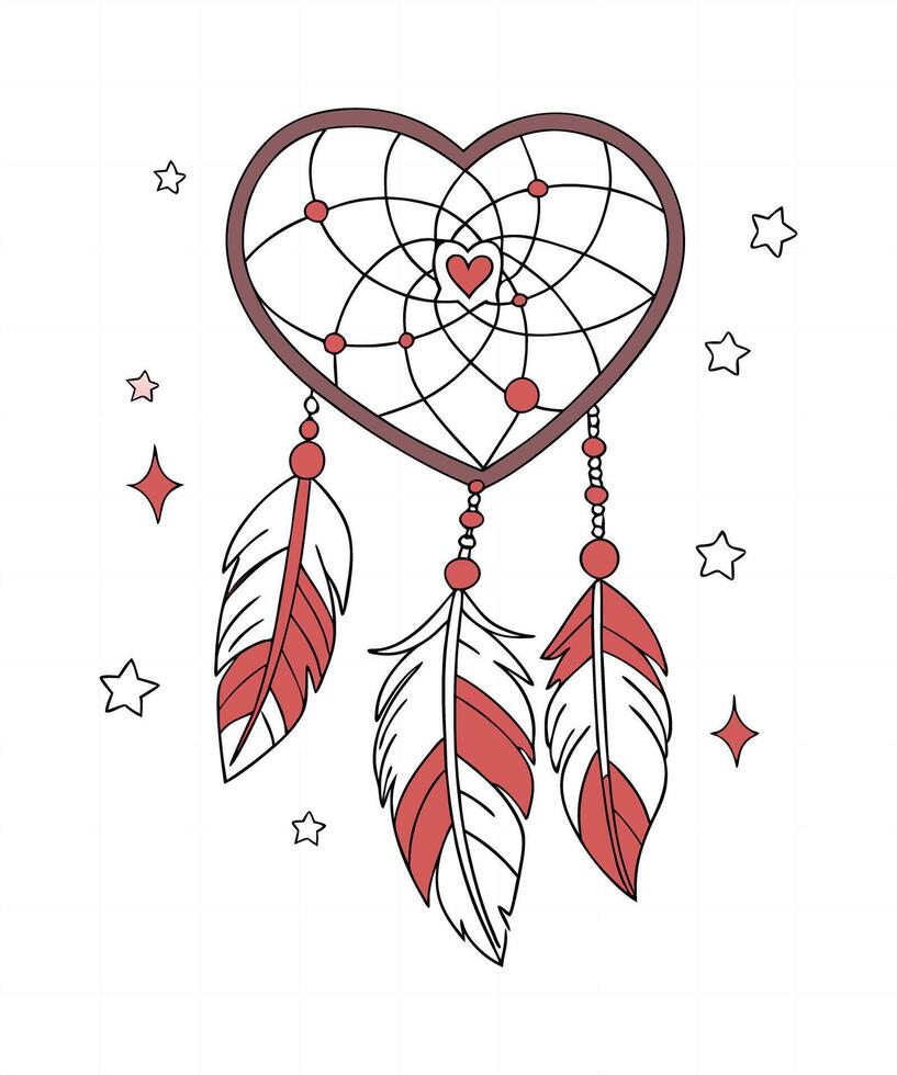Hand drawn Native American Indian talisman dreamcatcher heart with feathers. hipster illustration isolated on white. Ethnic design, boho chic symbol. vector