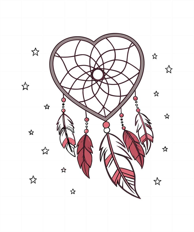Hand drawn Native American Indian talisman dreamcatcher heart with feathers. hipster illustration isolated on white. Ethnic design, boho chic, tribal symbol. vector