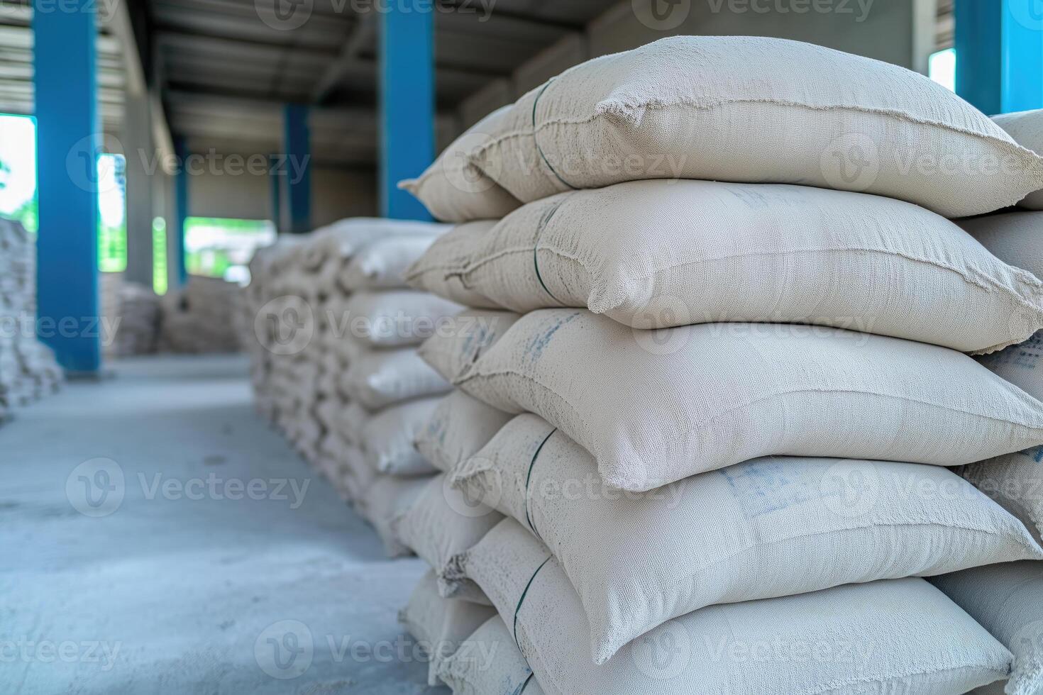 Pile of white sacks with cement in warehouse background photo
