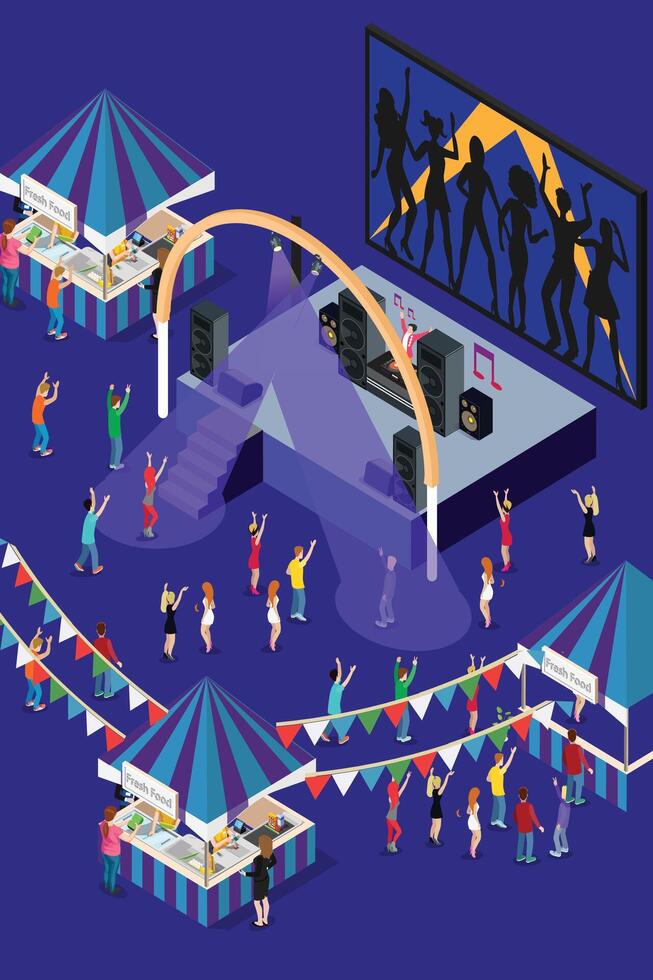 Disk jockey Festival Illustration Concept 3d Isometric View of Party Elements,people dance. Concert Background and Stage Landscape. Musical Event illustration vector