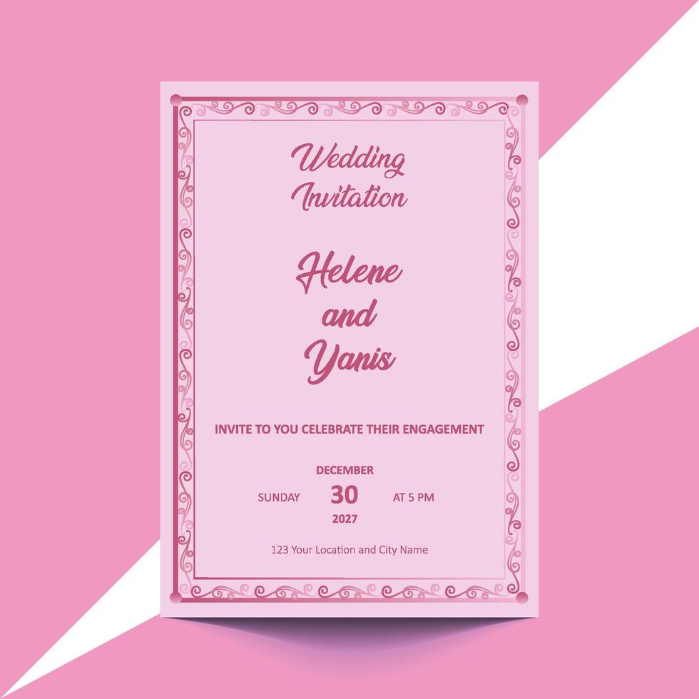 A wedding invitation card featuring a soft pink background, elegantly designed for a romantic celebration. vector