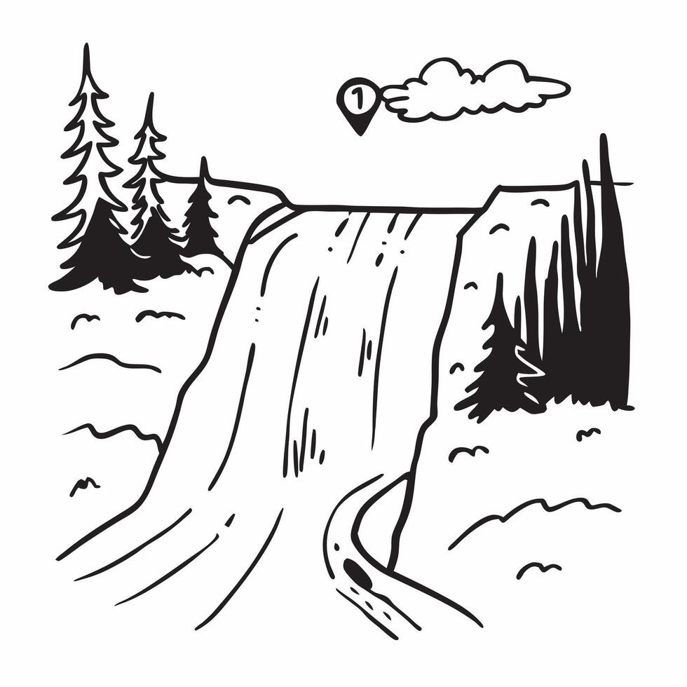 Waterfall on forest trail concept as High resolution image of a waterfall along a forest trail with a glossy backdrop capturing the stunning natural beauty encountered while backpa v1 vector
