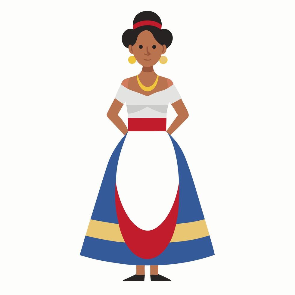 a cartoon Dominican woman in traditional clothing. Latin American culture.Front view. Isolated on white background. vector