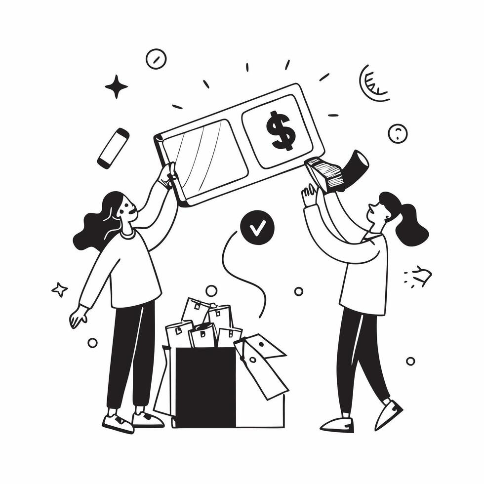 Shoppers finding deals at quarterly sale concept as High resolution image of shoppers finding deals at a quarterly sale with a glossy backdrop capturing the excitement and satisfac Dynamic Set 2 vector
