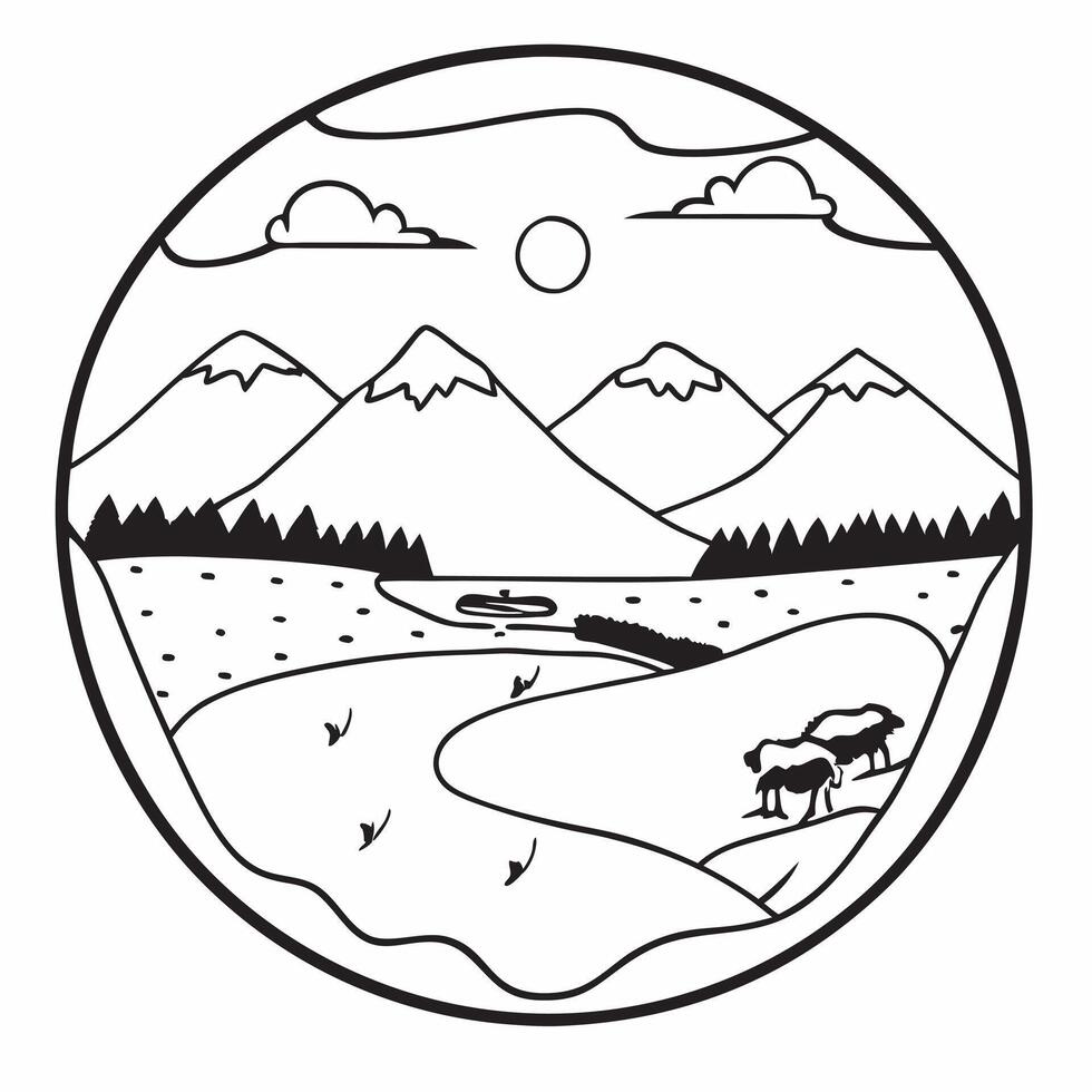 Framed mountain pasture vista concept as High resolution image of a framed mountain pasture vista with grazing animals highlighting the pastoral and serene beauty of mountain pastu Dynamic vector