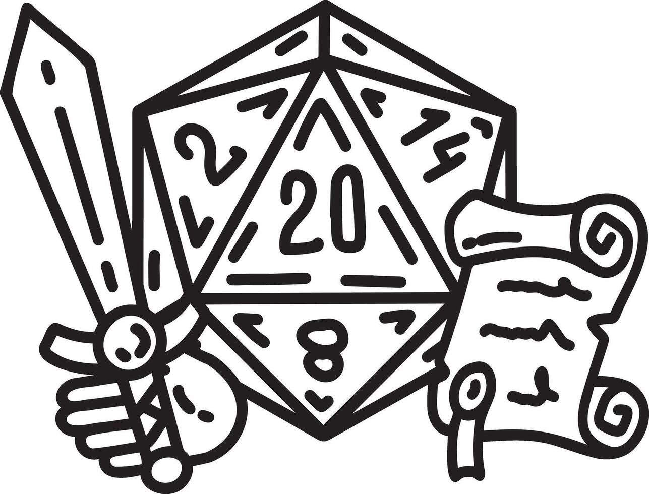 DND Dice with sword and shield. Rpg game character. Fantasy icosahedron wargame. 20-sided tabletop icon, cartoon style on white background vector