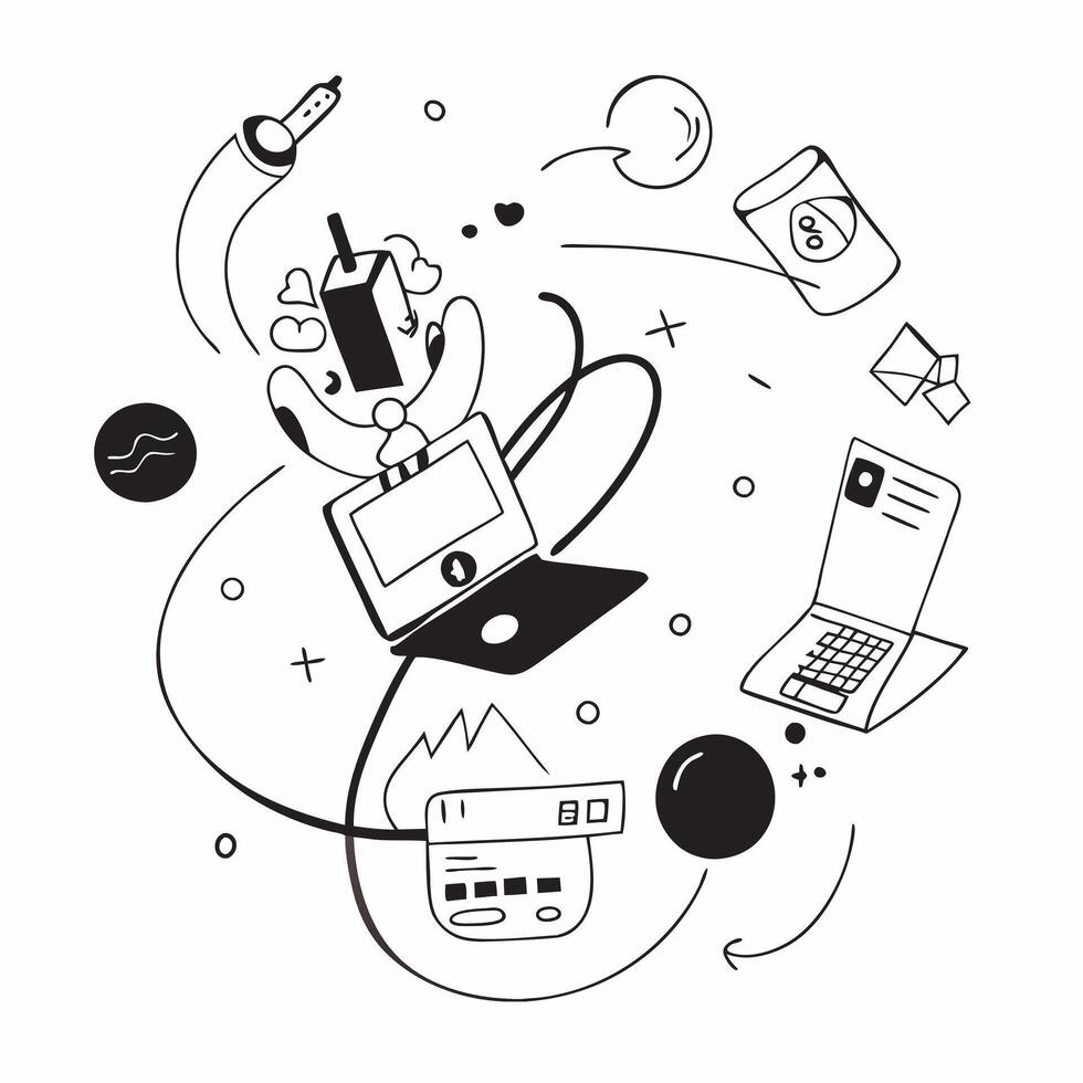 Glossy abstract shapes surrounding a figure in a flexible workspace with multiple devices concept as Camera movement Pan across the abstract shapes that symbolize digital connectiv pure Set 4 vector