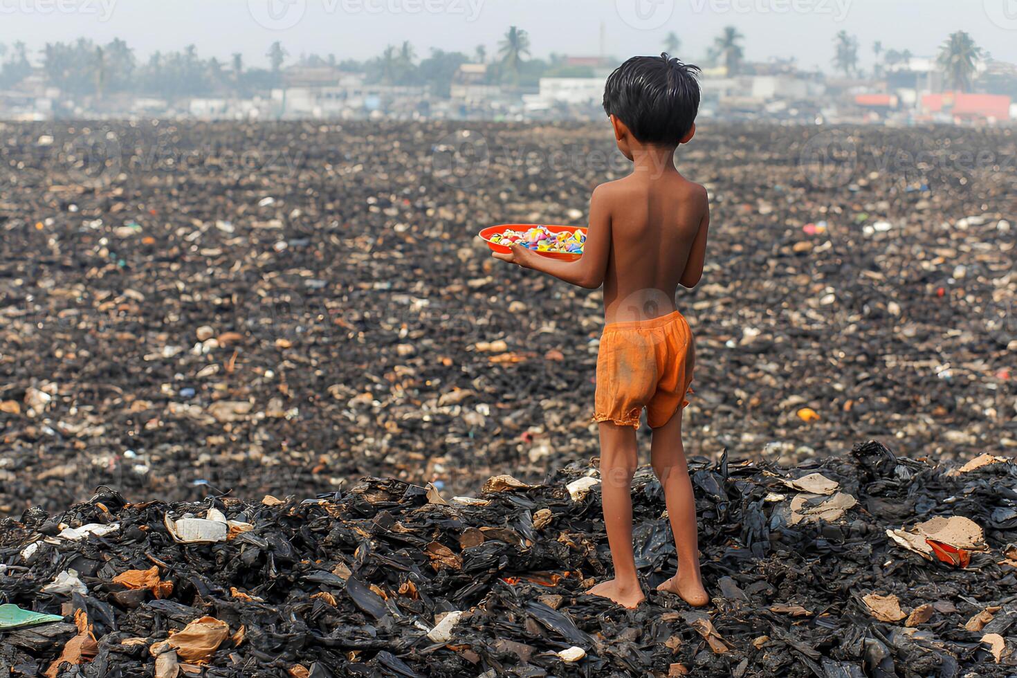 A child gathering plastic waste in a garbage dump, emphasizing the impact of pollution and the need for environmental action photo