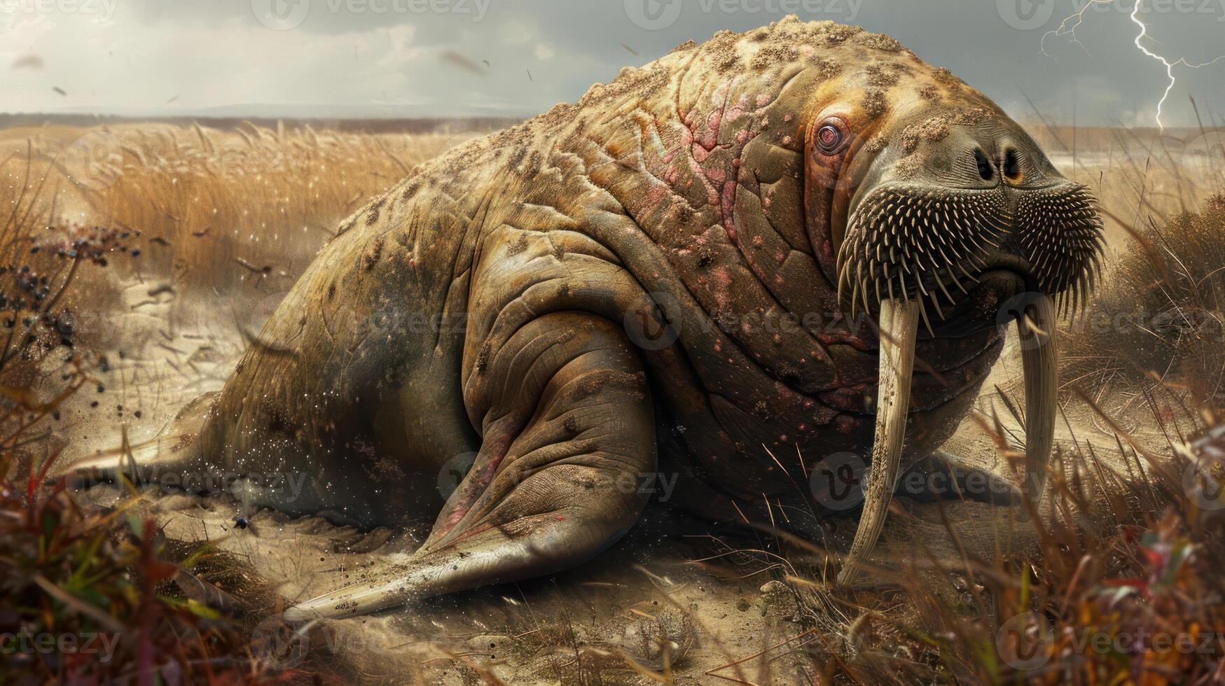 A surreal walrus-like creature resting in a stormy landscape, surrounded by tall grass and dark clouds photo