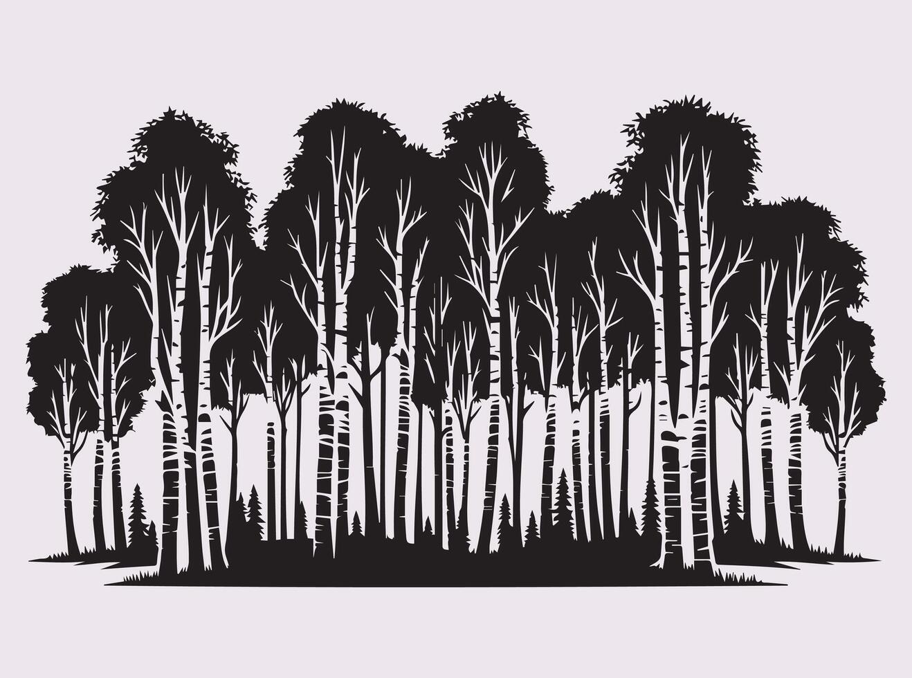 Black Birch Tree Forest Silhouette Depicting Nature with Elegant Tall Trees and Intricate Branches vector