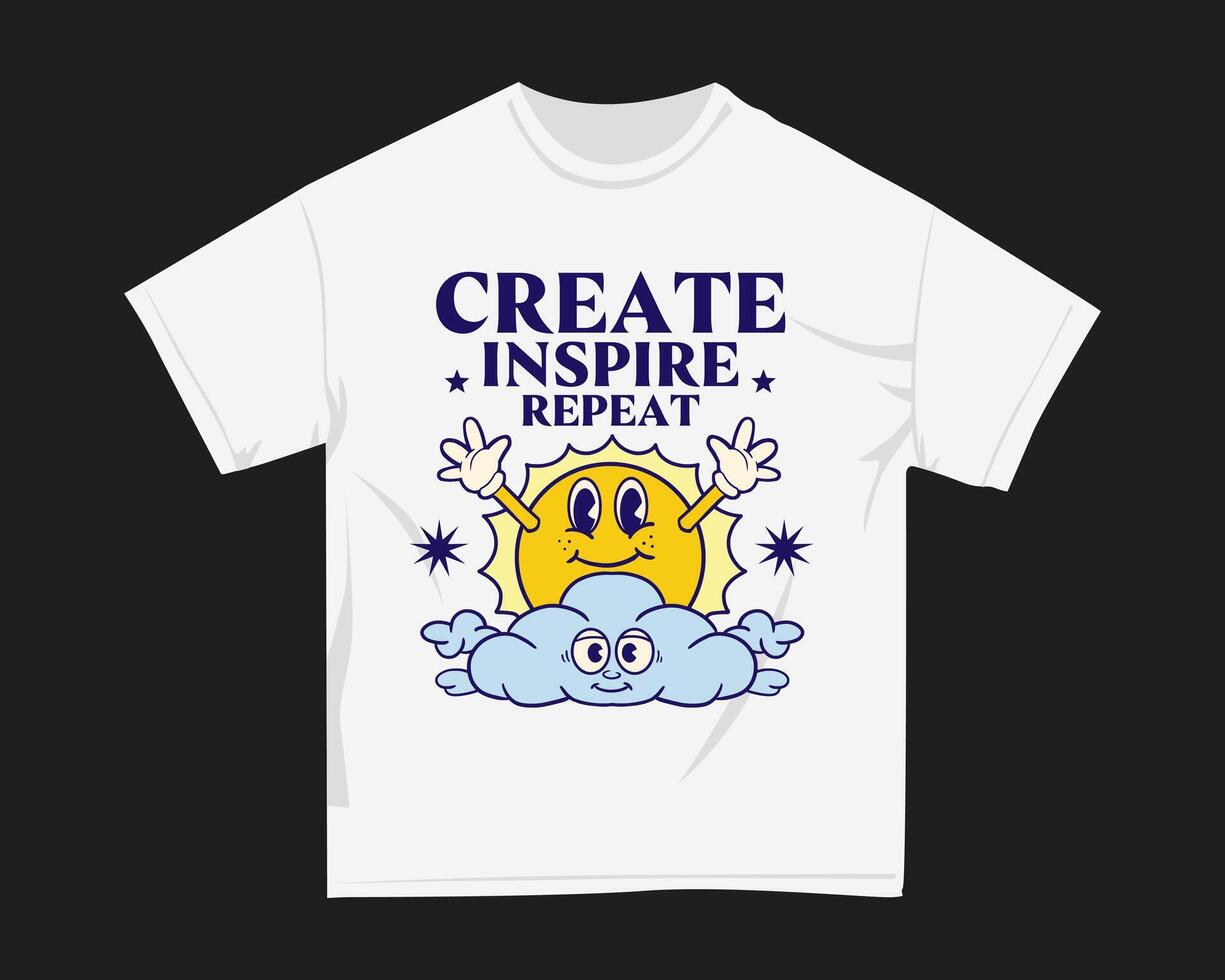 Create inspire repeat, Cartoon t-shirt design, Quotes graphic t-shirt for print. Clothing design for print. Vintage ruberhose t shirt design vector