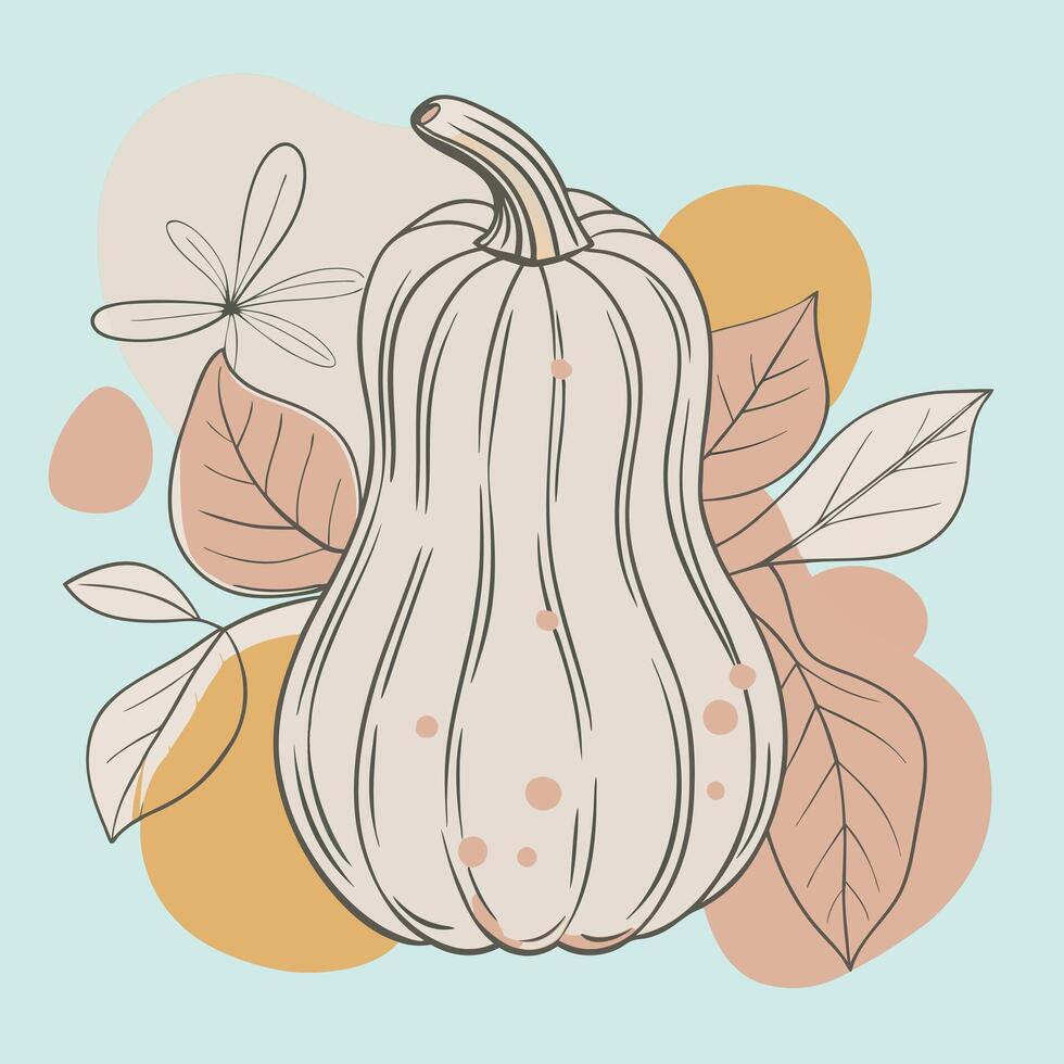 A white pumpkin with leaves and flowers on a blue background vector